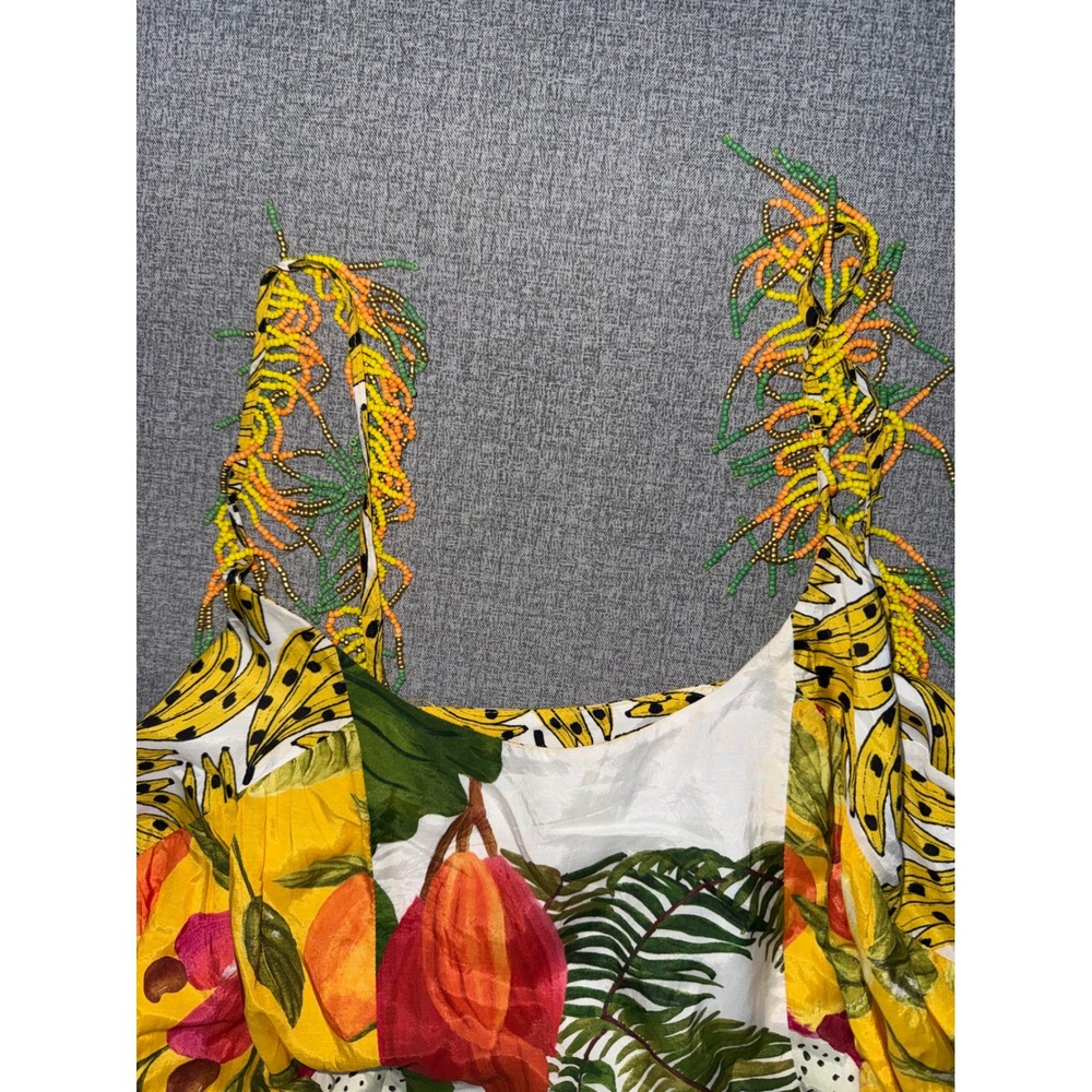 Farm Rio XL Maxi Mixed Prints Dress Yellow Tropical Fruit Beaded Fringe Straps - Picture 11 of 14
